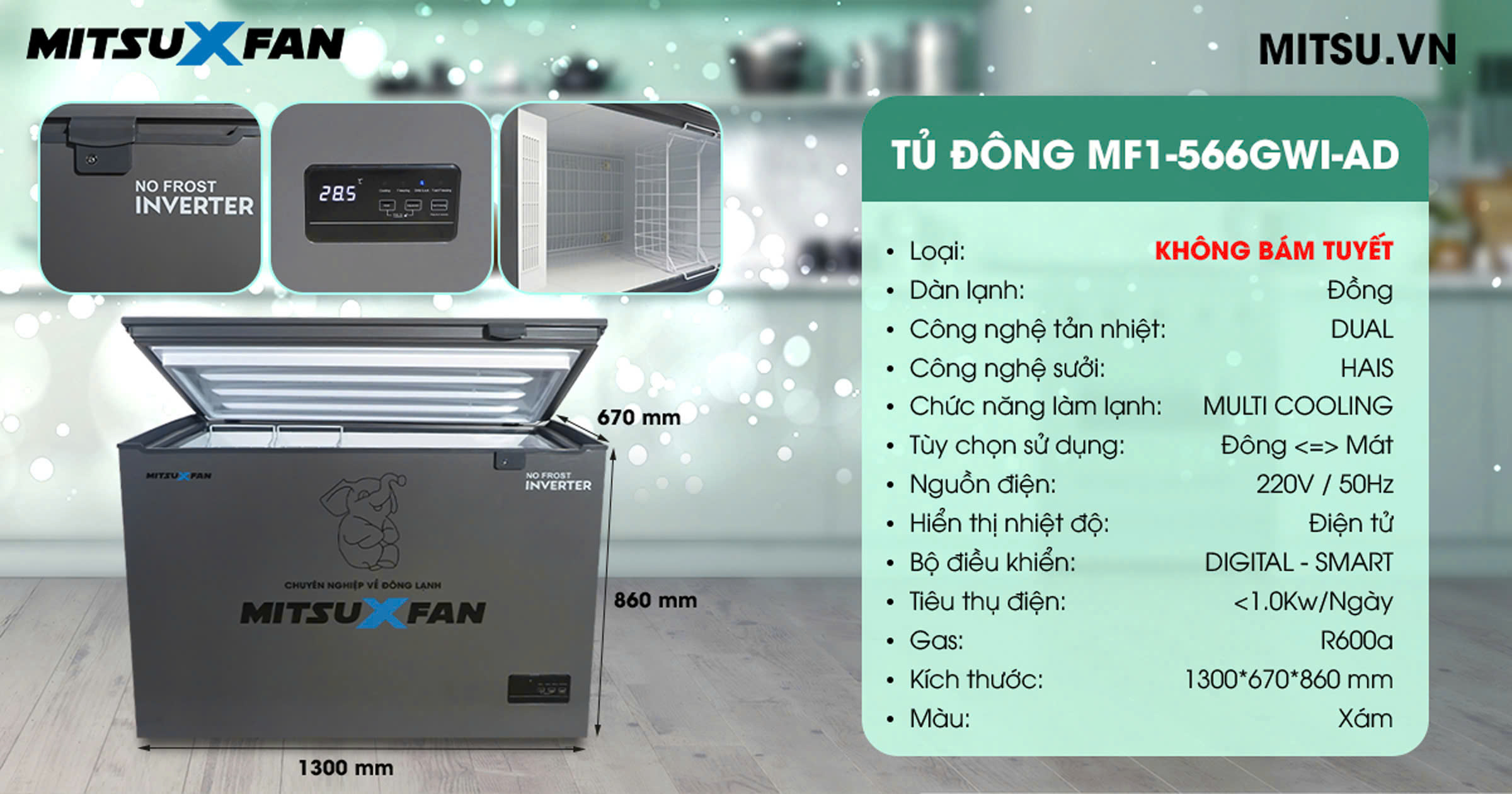 Tủ Đông 1 Ngăn Inverter Xả Tuyết Tự Động MF1-566GWI-AD