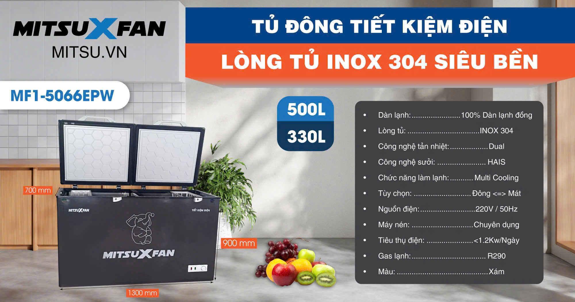 Tủ đông 1 ngăn MITSUXFAN MF1-5066EPW - lòng tủ Inox - dàn lạnh đồng