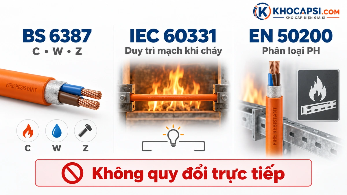 BS 6387 khác IEC 60331 và EN 50200