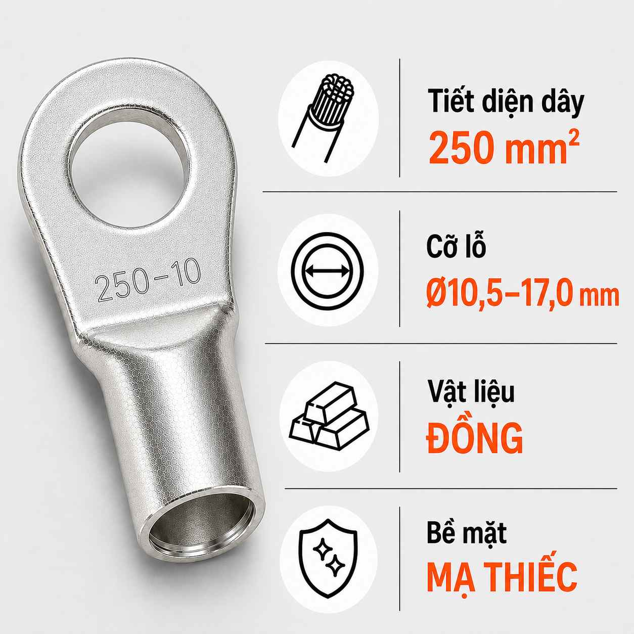 Đầu Cos Tròn Trần KST RNB250 Dây 250mm²