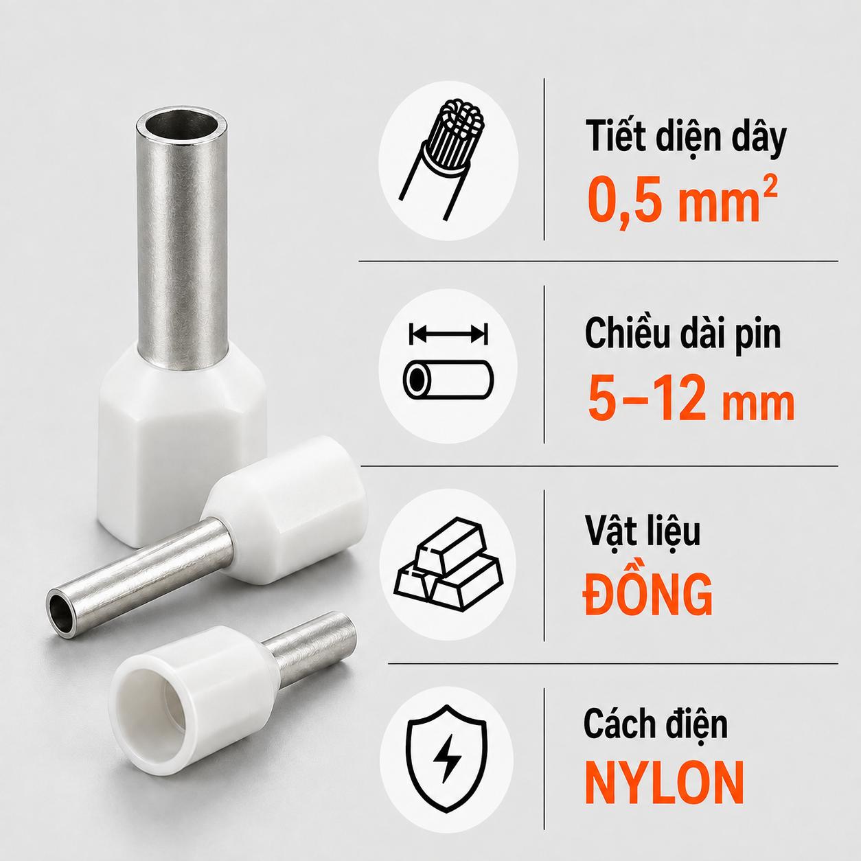 Đầu Cos Pin Bọc Cách Điện KST E05 Dây 0,5mm²
