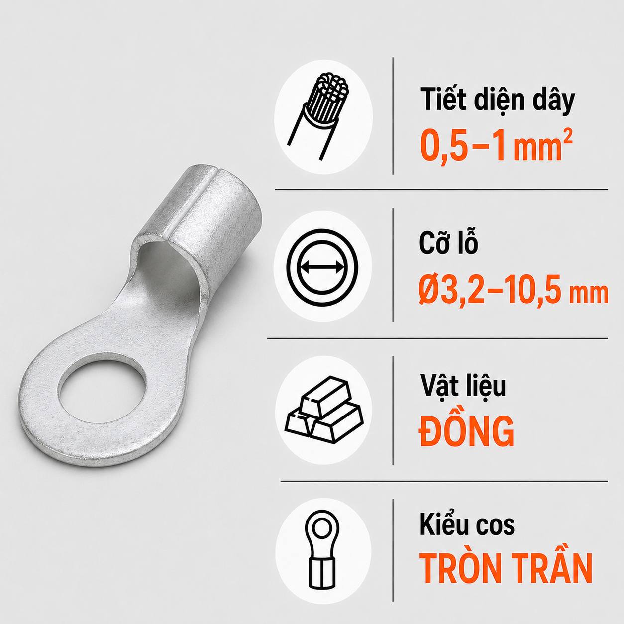 Đầu Cos Tròn Trần KSS R1.25 Dây 0,5–1mm²