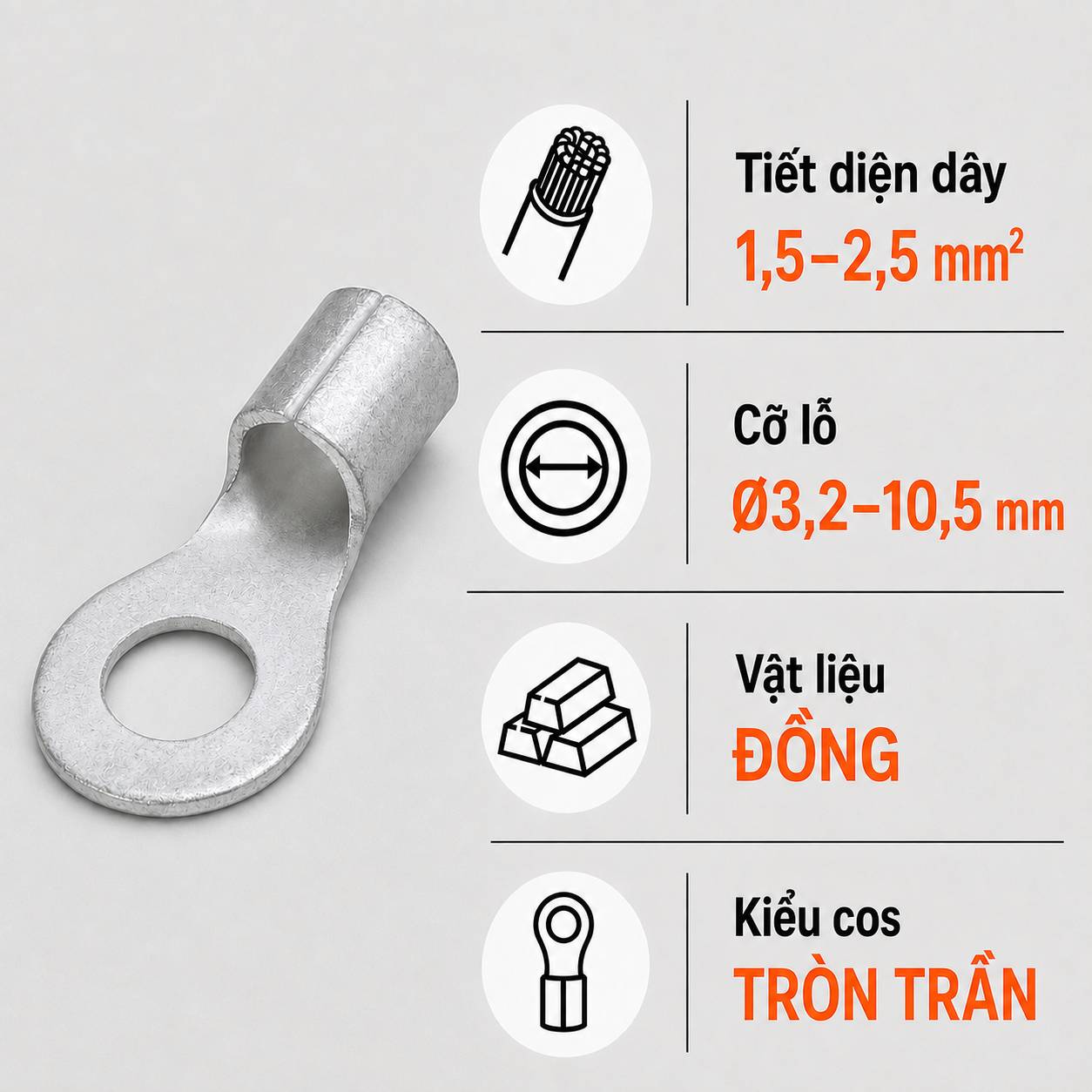 Đầu Cos Tròn Trần KSS R2 Dây 1,5–2,5mm²