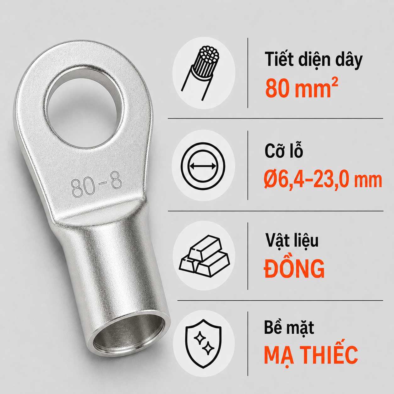 Đầu Cos Tròn Trần KST RNB80 Dây 80mm²