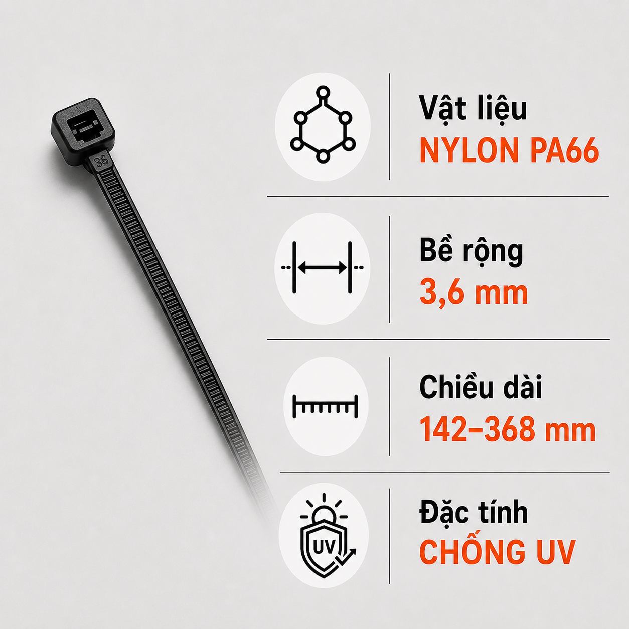 Dây Rút Nylon PA66 KST Chống UV Tiêu Chuẩn 3,6 mm – Weather Resistant