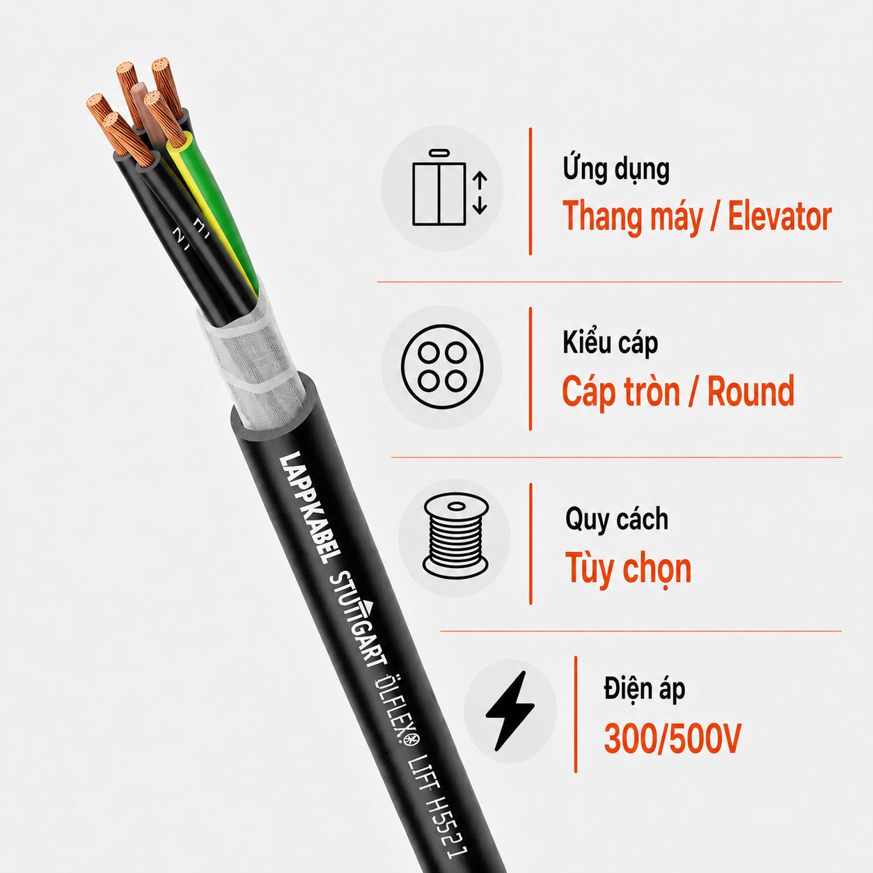 Cáp Tròn Thang Máy LAPP ÖLFLEX LIFT N 300/500V Có Lõi Chịu Lực