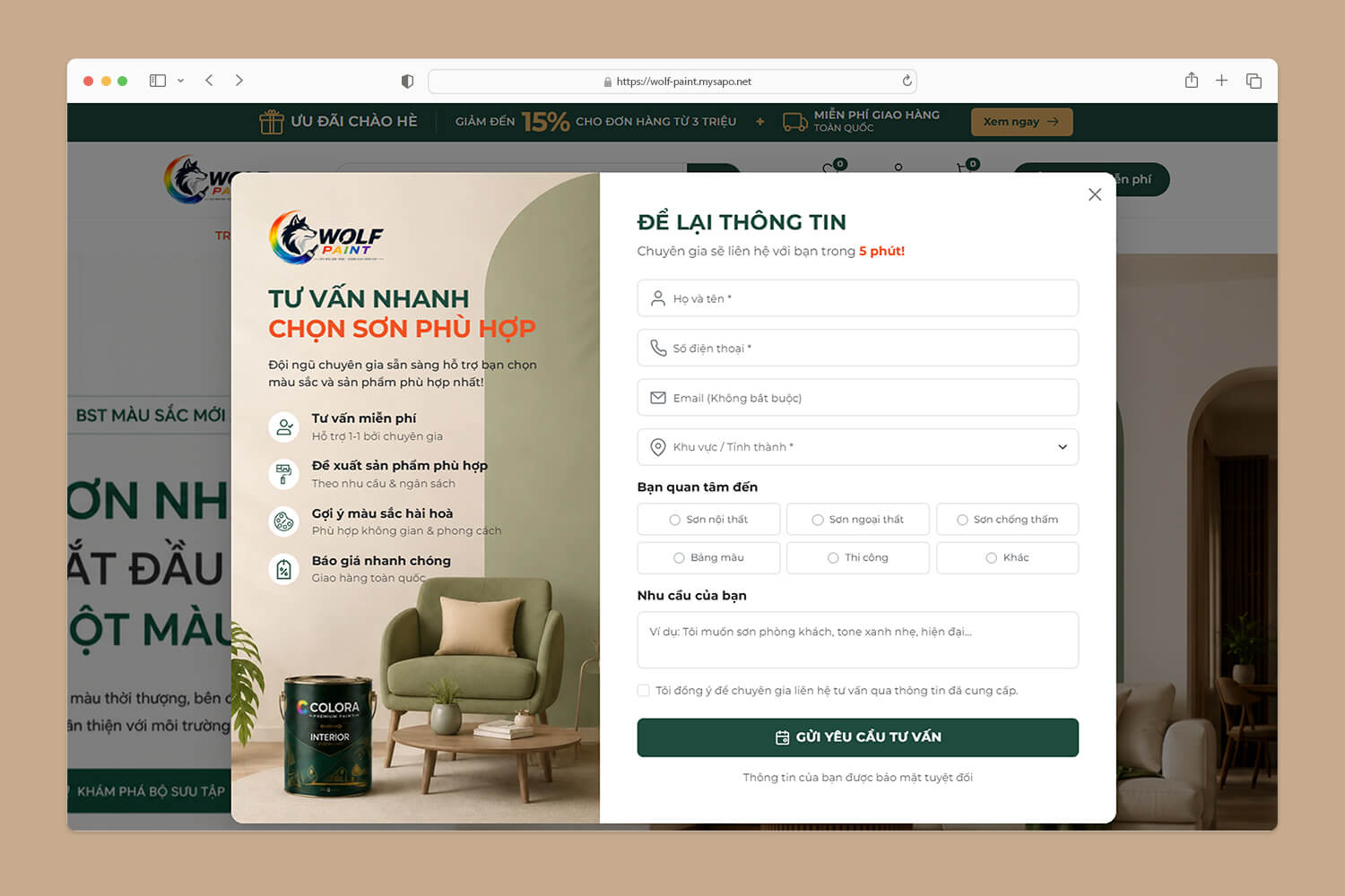 Popup đặt dịch vụ