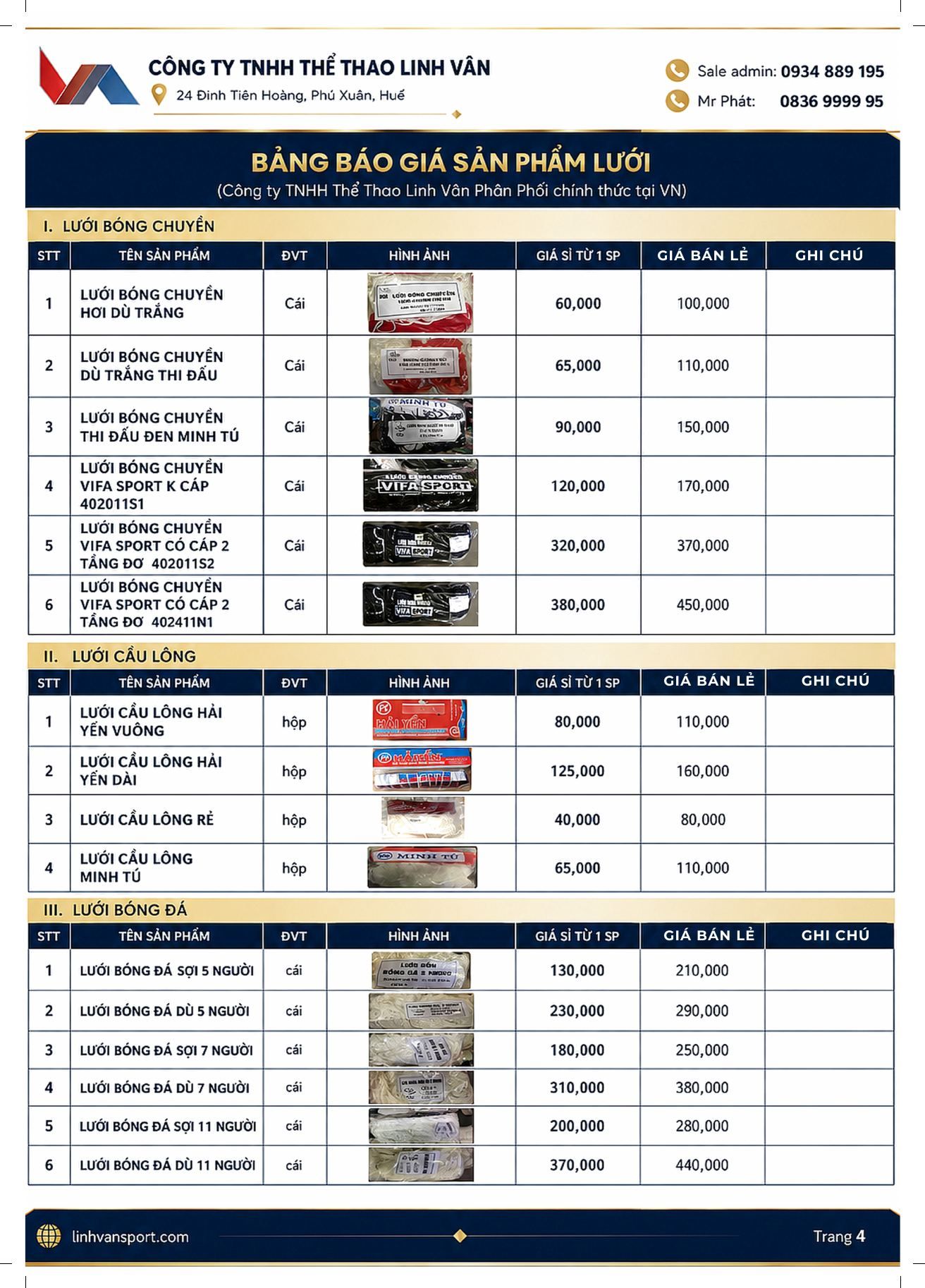 Catalog lưới thể thao LVS Asia