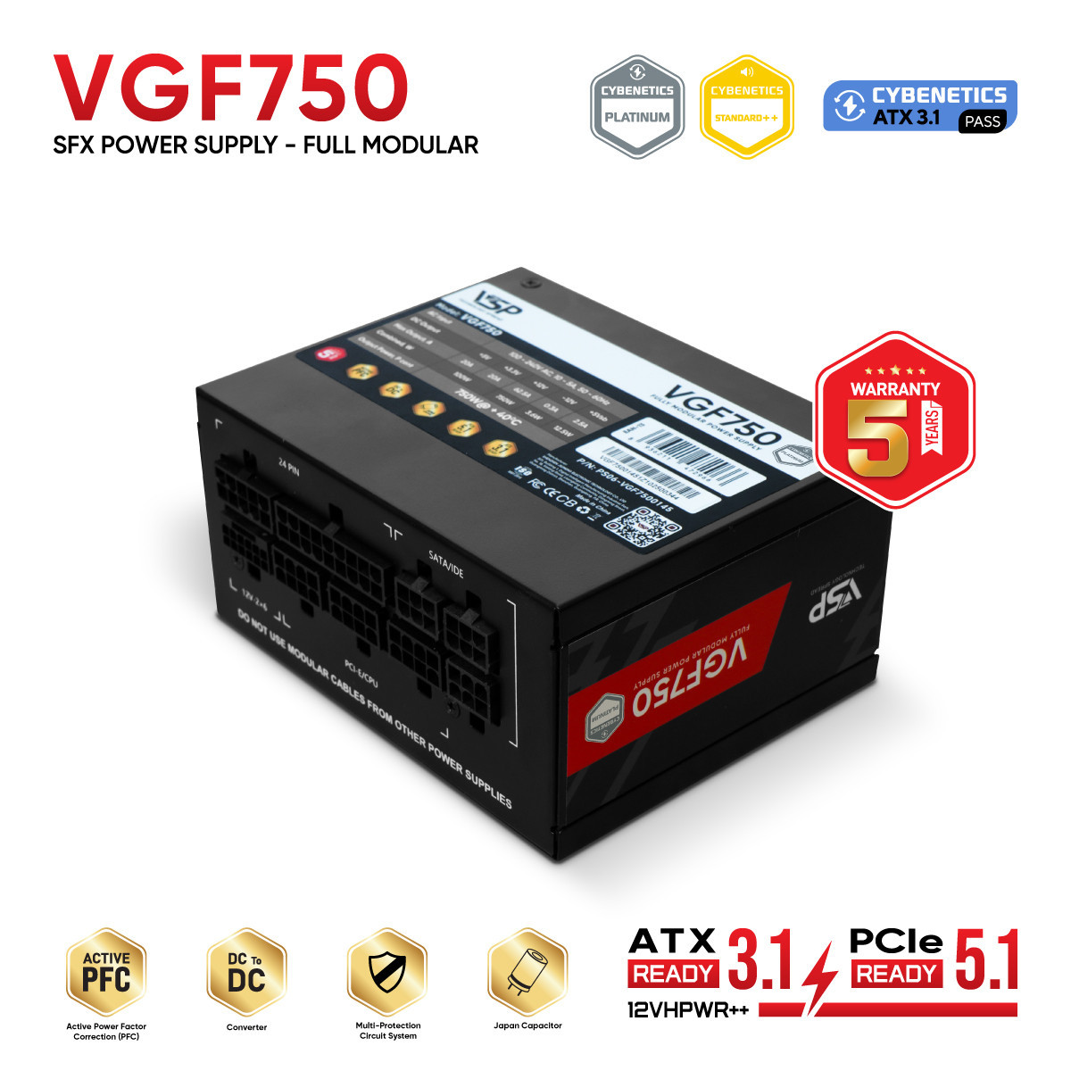NGUỒN MÁY TÍNH VSP VGF750 ĐEN (750W / Cybenetics GOLD / ATX 3.1 & PCIe 5.1 / Chuẩn SFX)