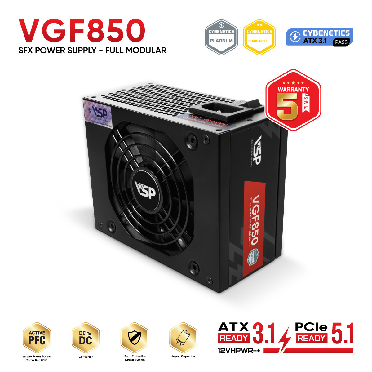 NGUỒN MÁY TÍNH VSP VGF850 ĐEN (850W / CYBENETICS GOLD / ATX 3.1 & PCIE 5.1 / Chuẩn SFX)