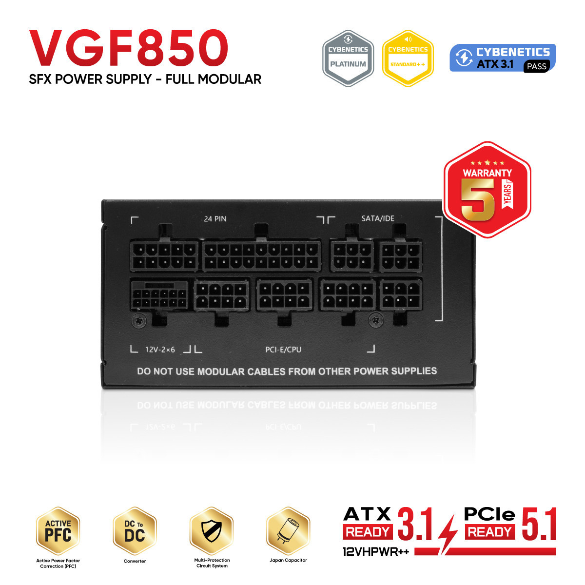 NGUỒN MÁY TÍNH VSP VGF850 ĐEN (850W / CYBENETICS GOLD / ATX 3.1 & PCIE 5.1 / Chuẩn SFX)