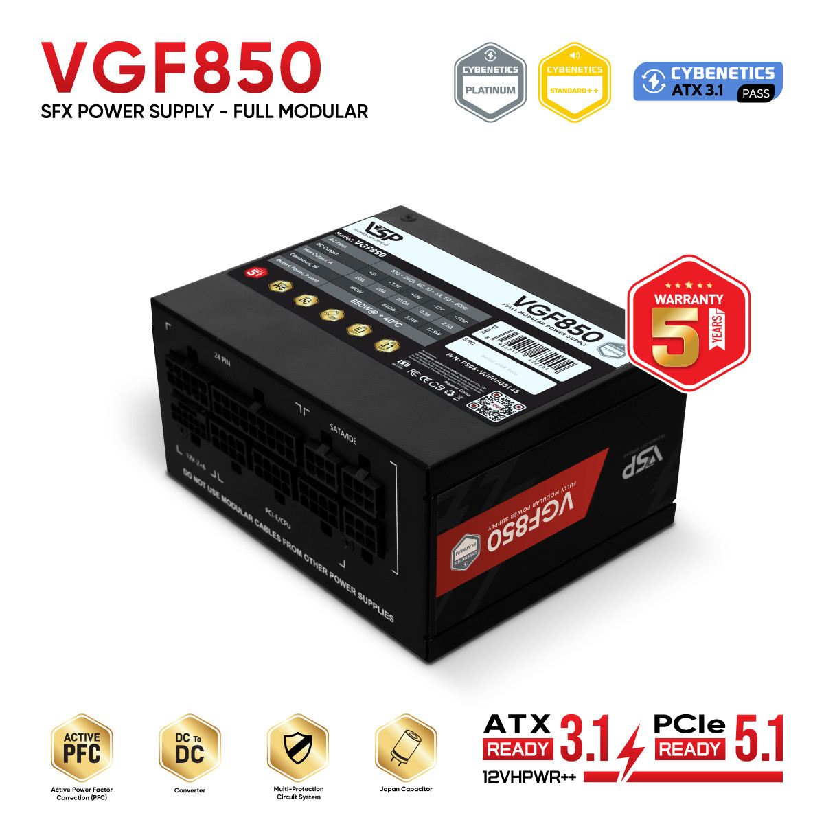 NGUỒN MÁY TÍNH VSP VGF850 ĐEN (850W / CYBENETICS GOLD / ATX 3.1 & PCIE 5.1 / Chuẩn SFX)