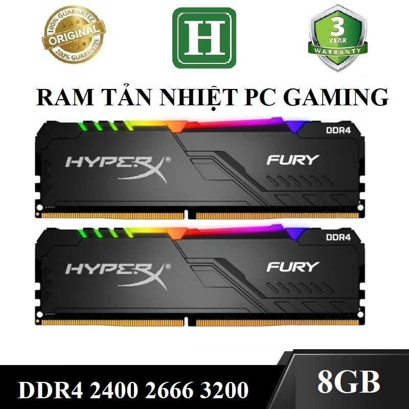 Ram PC Tản Nhiệt 8GB DDR4 bus 2400, 2666, 3200 KINGSTON FURY HYPER X, ram Gaming có led, Bảo hành 36 tháng