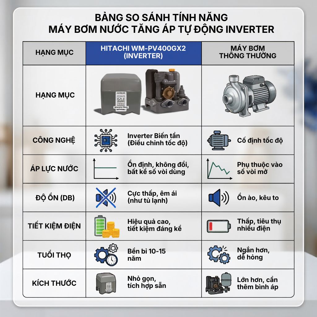 Máy bơm nước tăng áp tự động HITACHI Inverter 400W - WM_PV400GX2GROVN