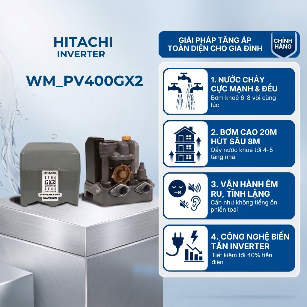 Máy bơm nước tăng áp tự động HITACHI Inverter 400W - WM_PV400GX2GROVN