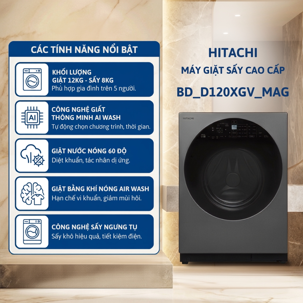 Máy giặt sấy cửa trước HITACHI Inverter Giặt 12 kg / Sấy 8 kg - BD_D120XGV_MAG