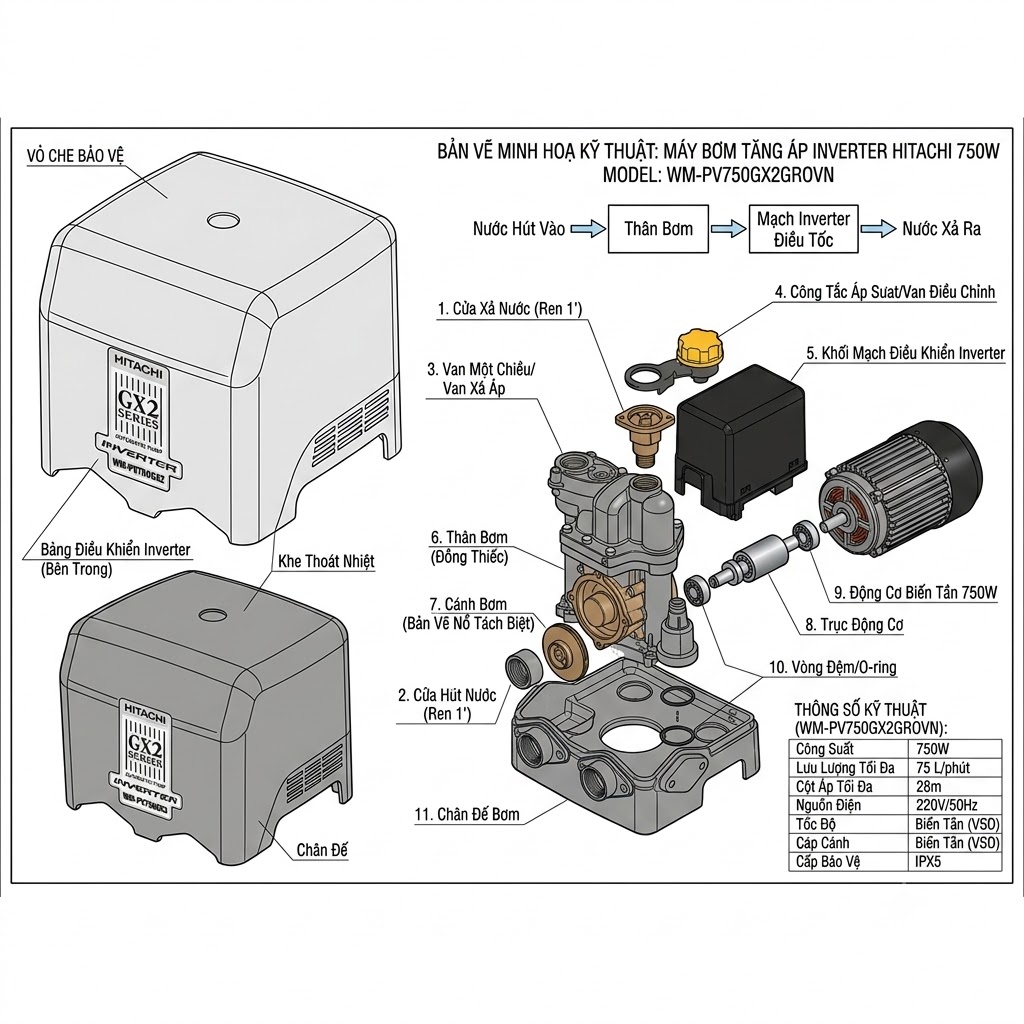 Máy bơm nước tăng áp tự động HITACHI Inverter 750W - WM_PV750GX2GROVN