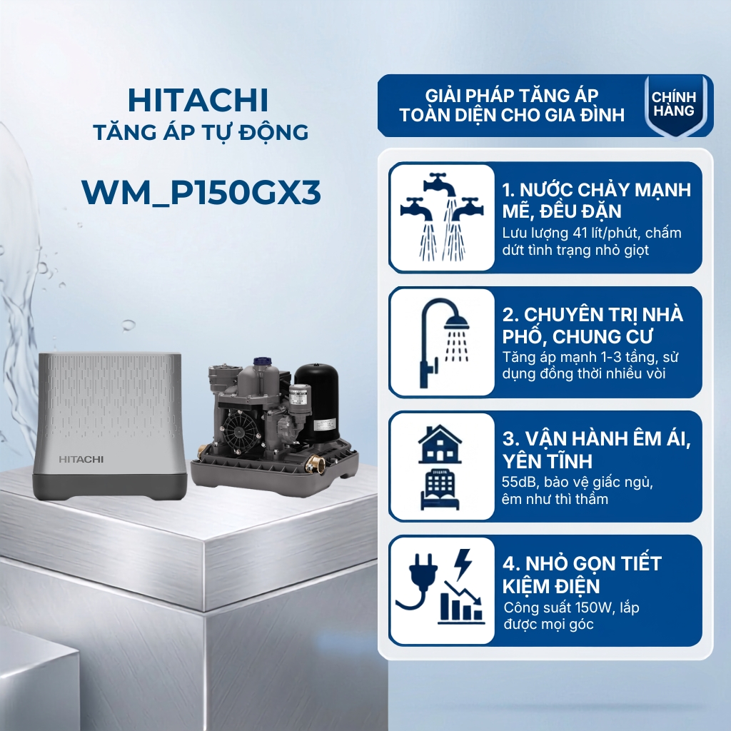Máy bơm nước tăng áp tự động HITACHI _ Kiểu dáng vuông 150W - WM_P150GX3_WH