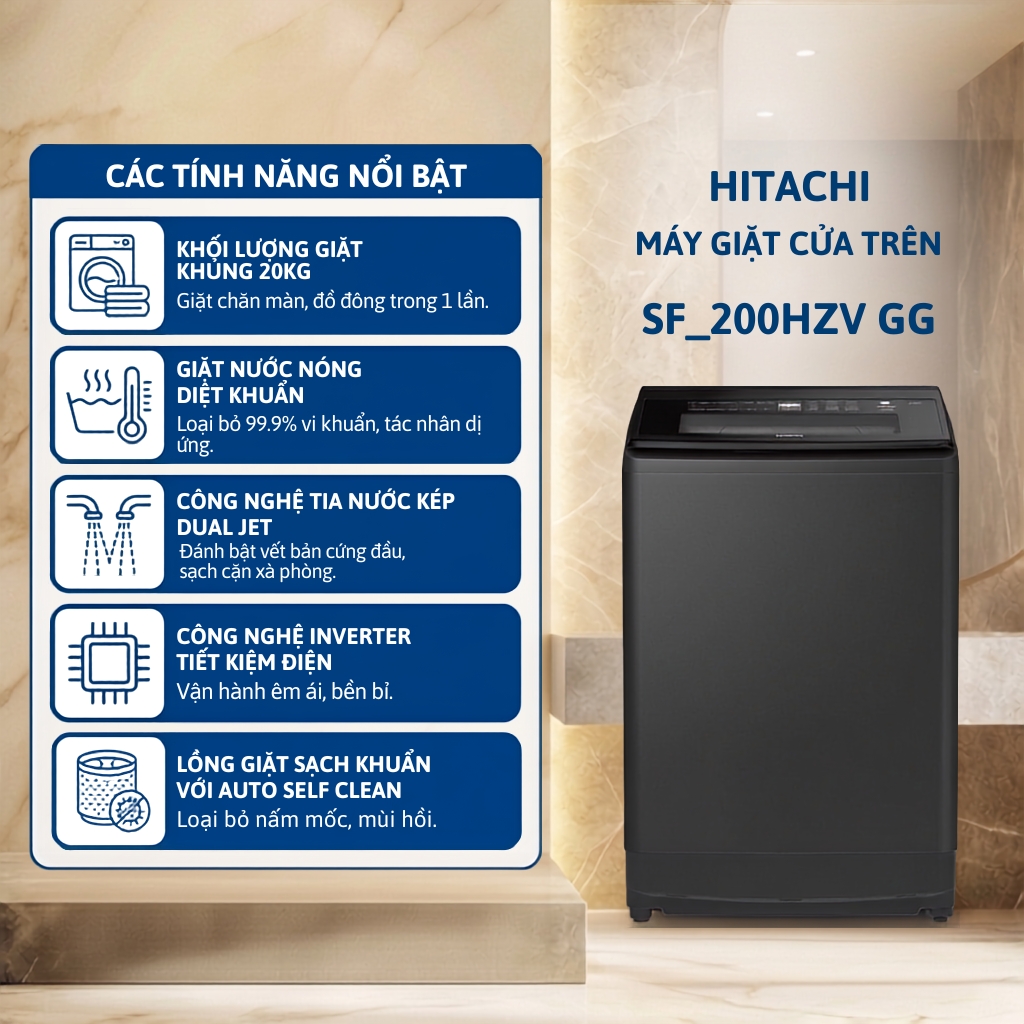 Máy giặt cửa trên HITACHI Inverter _ Dual Jet 20 Kg - SF_200ZHV GG