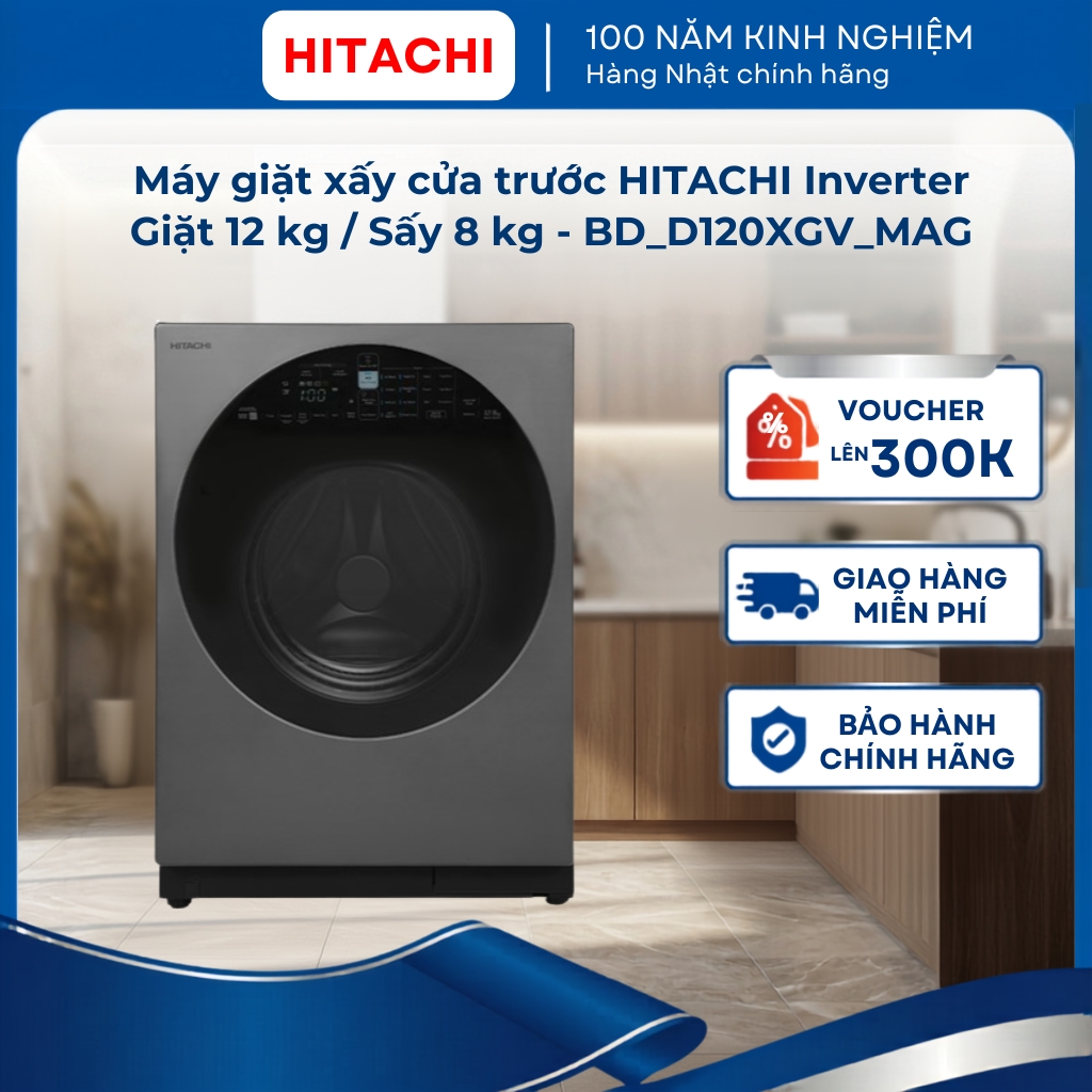 Máy giặt sấy cửa trước HITACHI Inverter Giặt 12 kg / Sấy 8 kg - BD_D120XGV_MAG