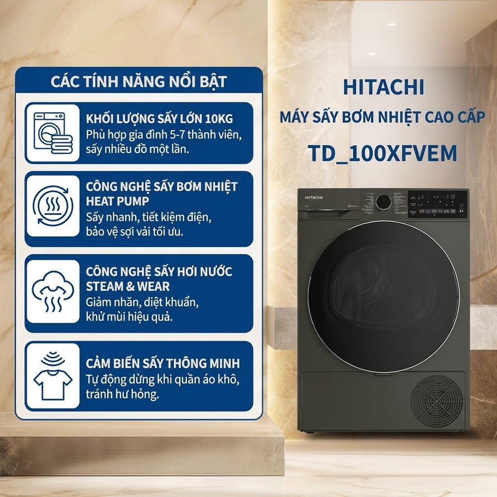 Máy sấy bơm nhiệt HITACHI Inverter 10 Kg - TD_100XFVEM