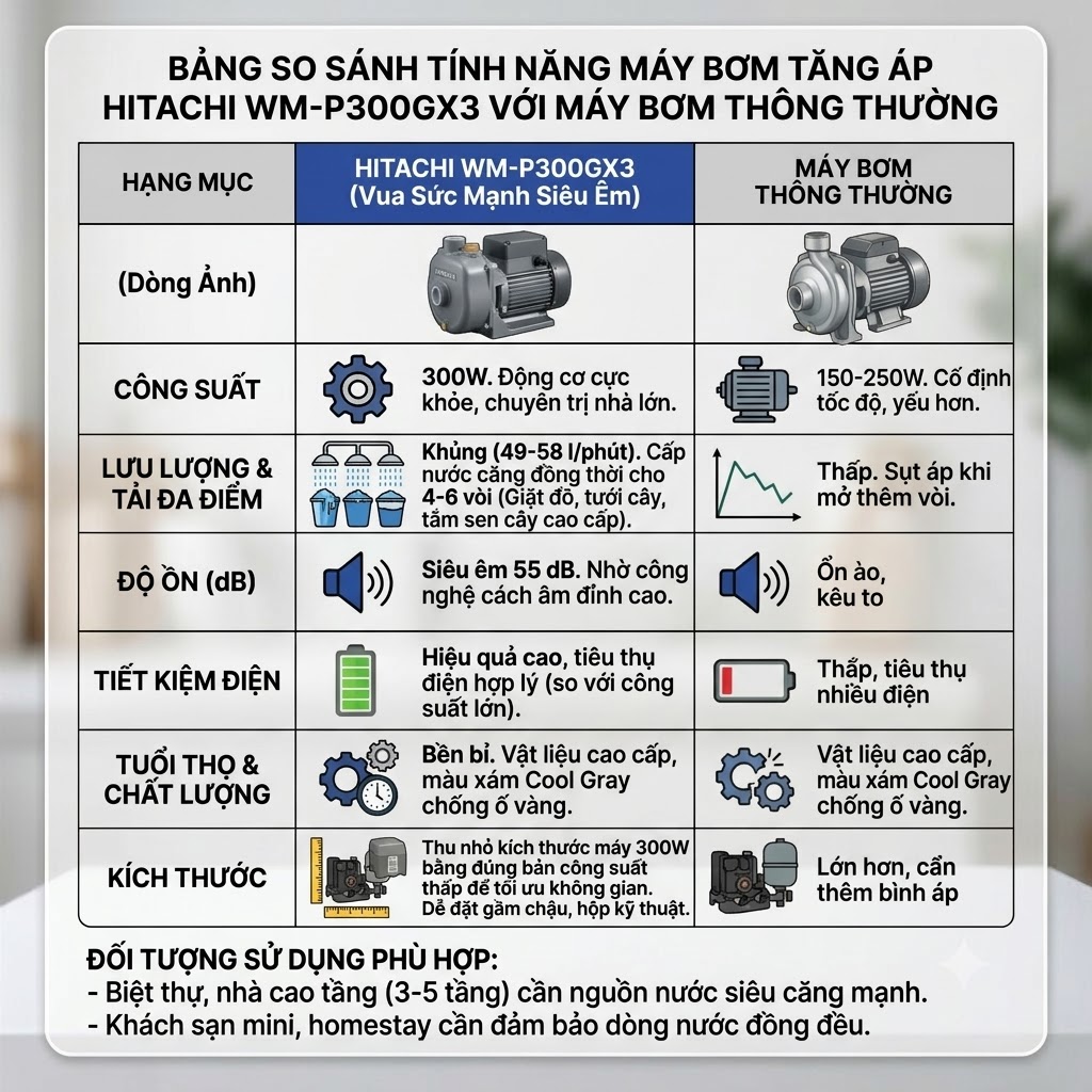 Máy bơm nước tăng áp tự động HITACHI _ Kiểu dáng vuông 300W - WM_P300GX3_WH
