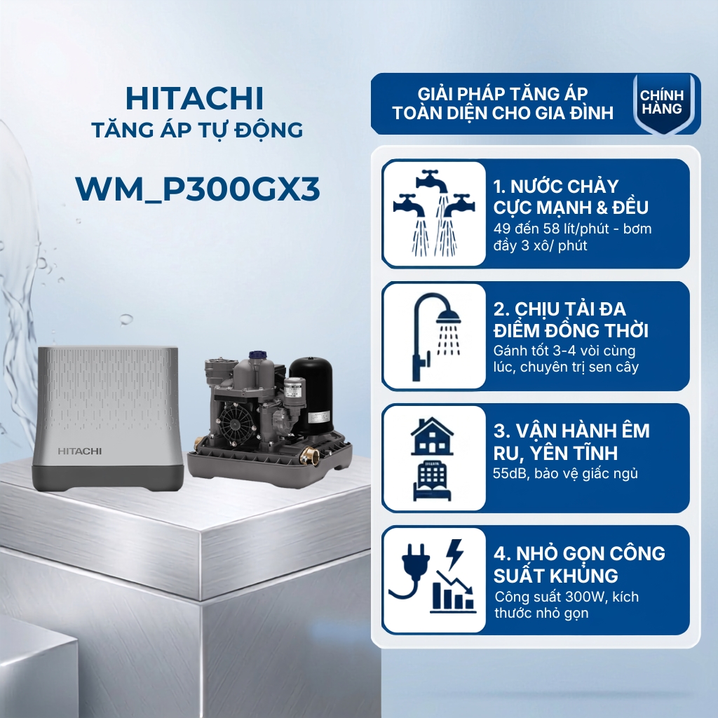 Máy bơm nước tăng áp tự động HITACHI _ Kiểu dáng vuông 300W - WM_P300GX3_WH