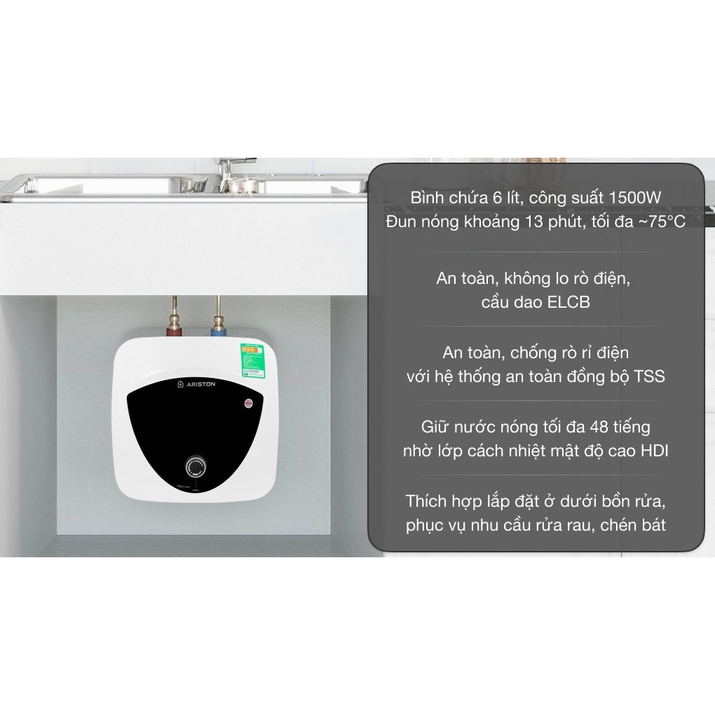 Bình nước nóng gián tiếp Ariston Andris Lux  6L - Lắp dưới bồn rửa-ANLUX-6BE - Hàng chính hãng
