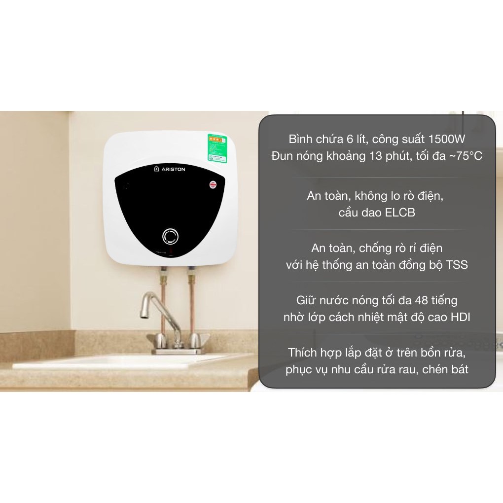 Bình nước nóng gián tiếp Ariston Andris Lux  6L - Lắp trên bồn rửa - ANLUX-6UE - Hàng chính hãng