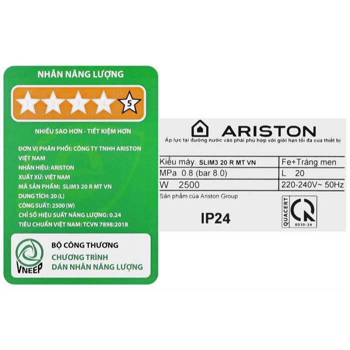 Bình nước nóng gián tiếp Ariston SLIM 3  20 Lít - Bình ngang LED - SL3-20R - Hàng chính hãng