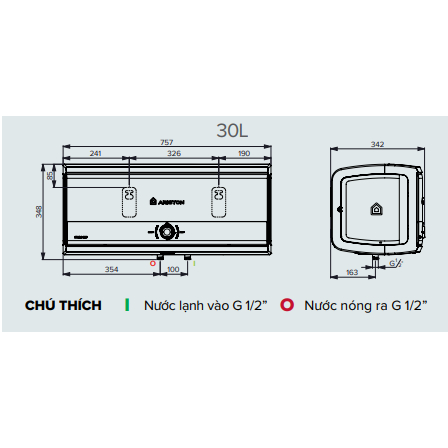 Bình nước nóng gián tiếp Ariston SLIM 3  30 Lít - Bình ngang LED - SL3-30RS - Hàng chính hãng