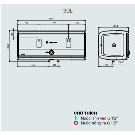 Bình nước nóng gián tiếp Ariston SLIM 3  30 Lít - Bình ngang LED - SL3-30R - Hàng chính hãng