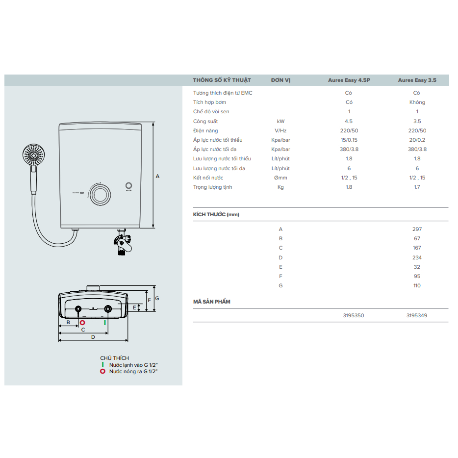Bình nước nóng trực tiếp Ariston AURES Easy 3500W - Siêu nhạy - AURES-3.5 - Hàng chính hãng