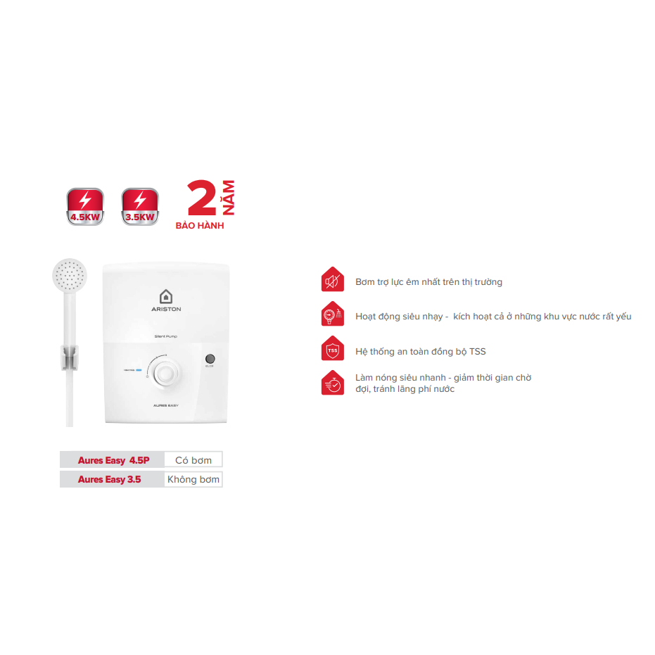Bình nước nóng trực tiếp Ariston AURES Easy 4500W - Có bơm trợ lực - AURES-4.5P - Hàng chính hãng
