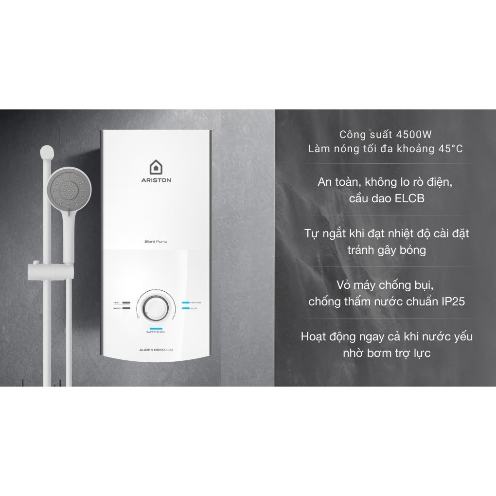 Bình nước nóng trực tiếp Ariston AURES 4500W - Bơm êm, Cao cấp - AURESPRE-4.5P - Hàng chính hãng