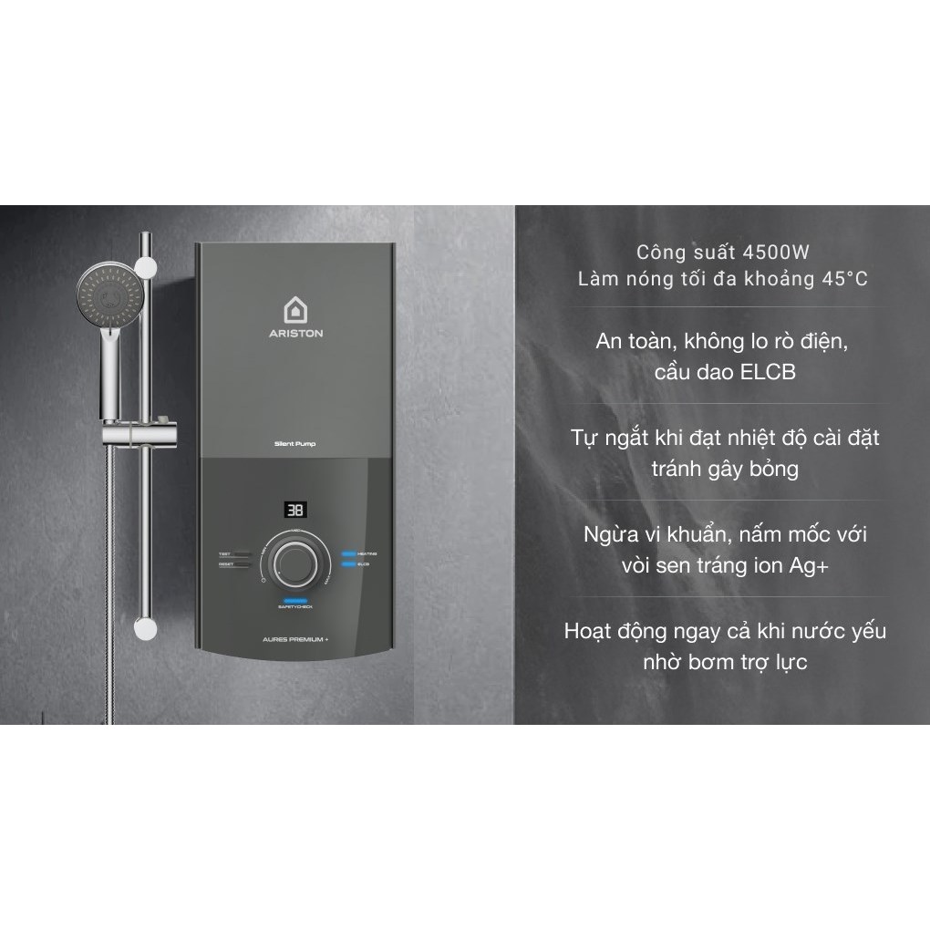 Bình nước nóng trực tiếp ARISTON AURES 4500W - Có bơm tăng áp - AURESPRE+4.5P - Hàng chính hãng