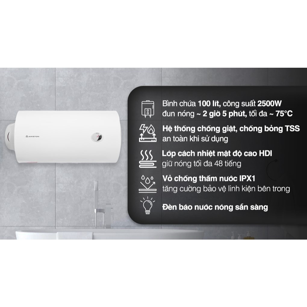 Bình nước nóng Ariston Dung tích lớn 100 Lít - Dáng ngang/Đứng - PROR-100H2.5FE/V2.5FE - Chính hãng