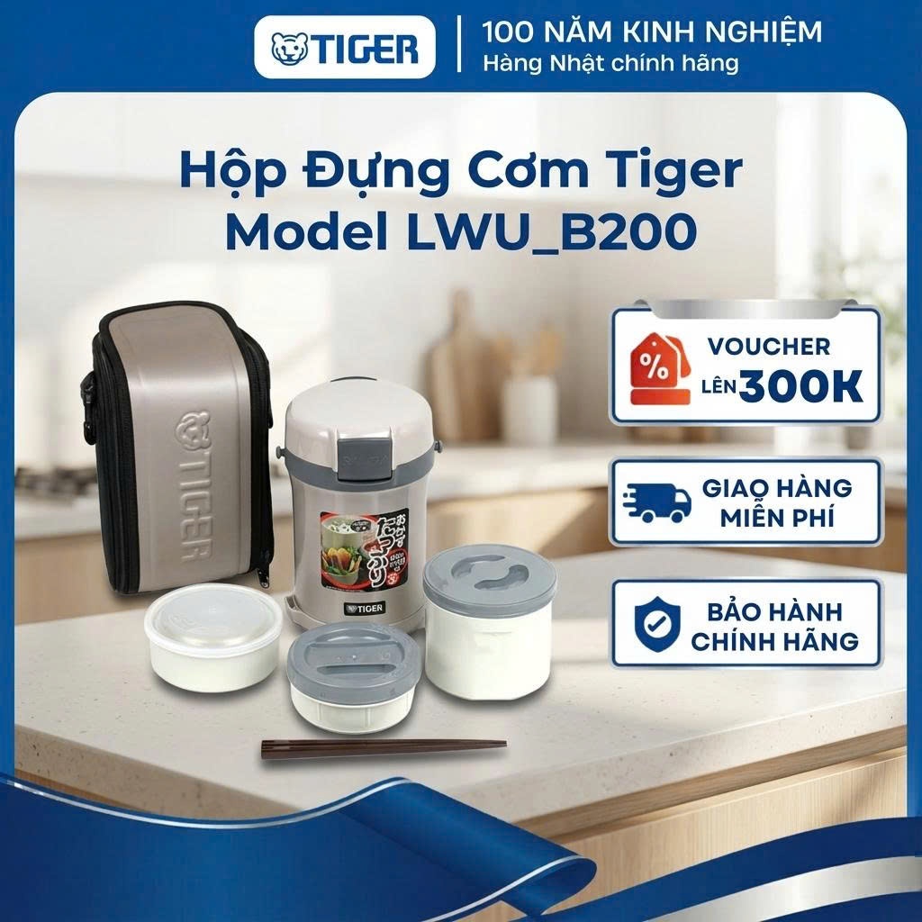Hộp cơm giữ nhiệt Tiger 3 ngăn LWU-B200 - Dung tích 1.4L - Hàng chính hãng