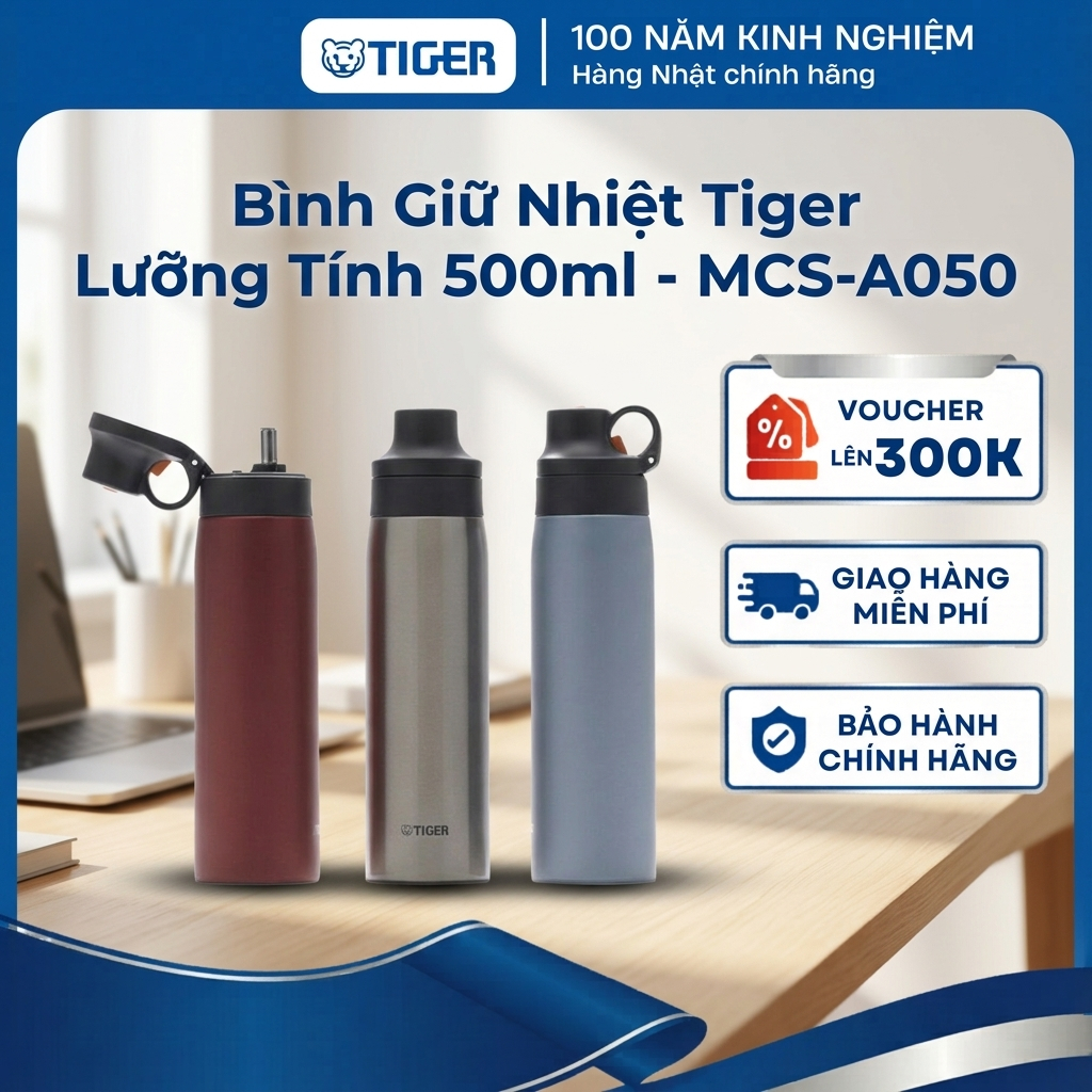 Bình giữ nhiệt  lưỡng tính Tiger 500ml -Ông hút bằng thép kháng khuẩn - MCS-A050 - Hàng chính hãng