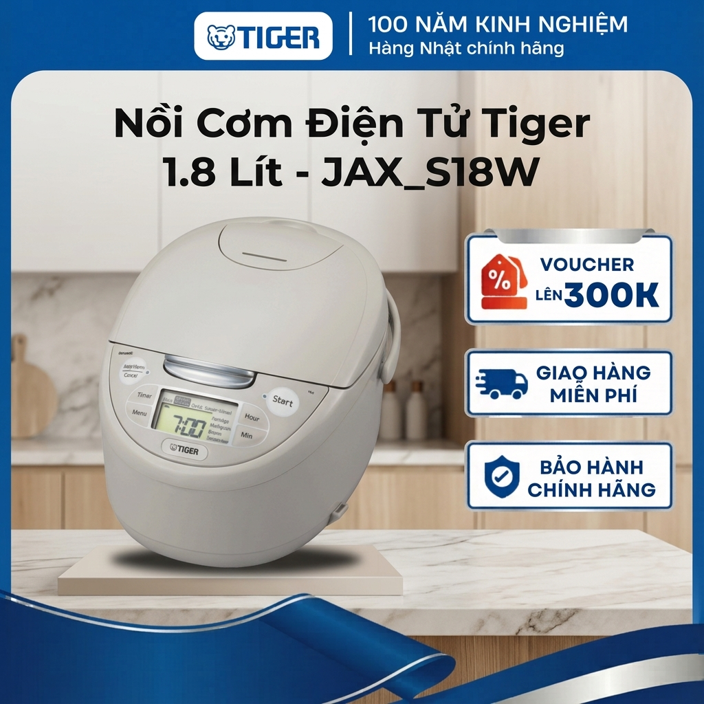 Nồi cơm điện tử Tiger 1.8 Lít JAX-S18W - Công nghệ nấu độc quyền Tacook 2 trong 1, Hàng chính hãng