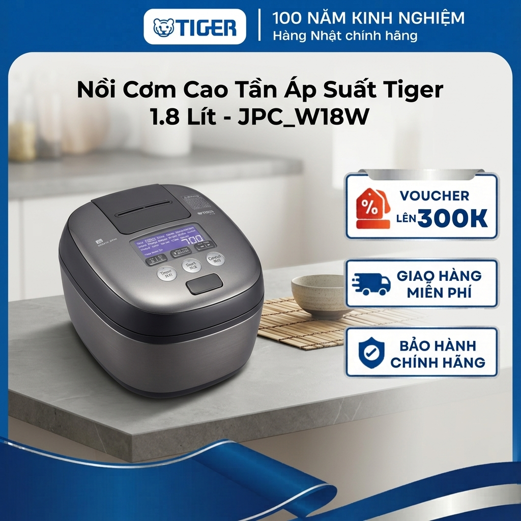 Nồi cơm điện tử cao tần áp suất Tiger 1.8 lít - Công nghệ áp suất kép - JPC-W18W - Hàng chính hãng