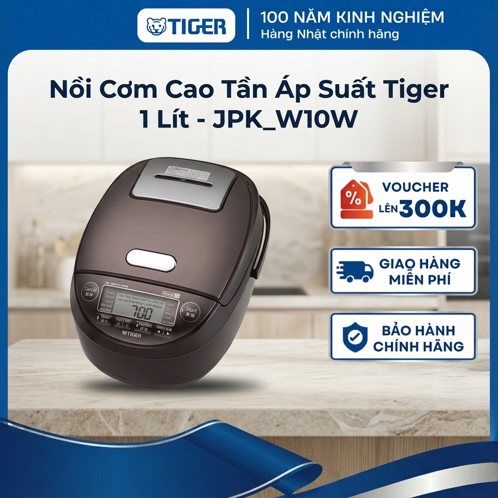 Nồi Cơm Điện Tử Cao Tần Áp Suất Tiger 1 Lít - Mô phỏng nồi niêu đất - JPK-W10W - Hàng chính hãng