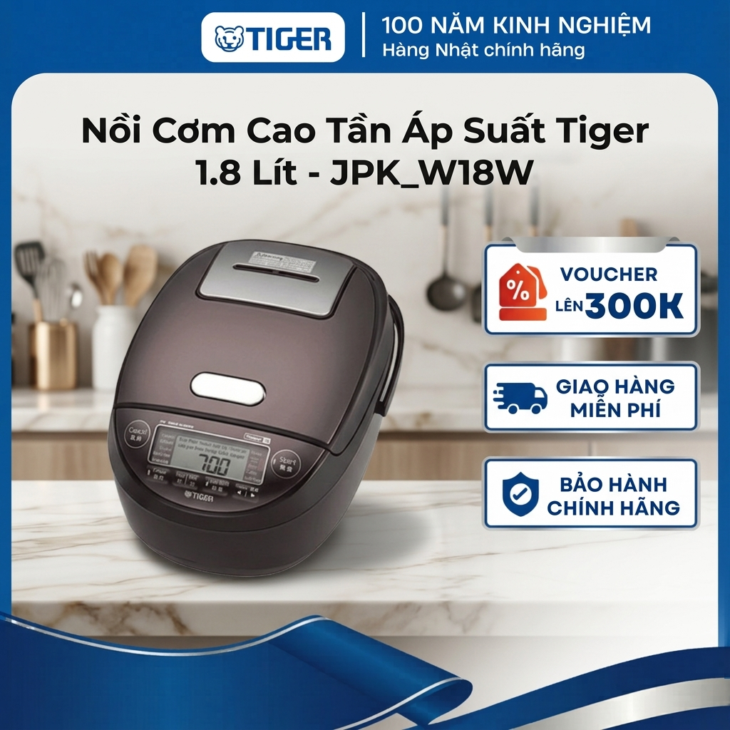 Nồi cơm điện tử cao tần áp suất Tiger 1.8 Lít - 100 năm kinh nghiệm nấu cơm- JPK-W18W - Chính hãng
