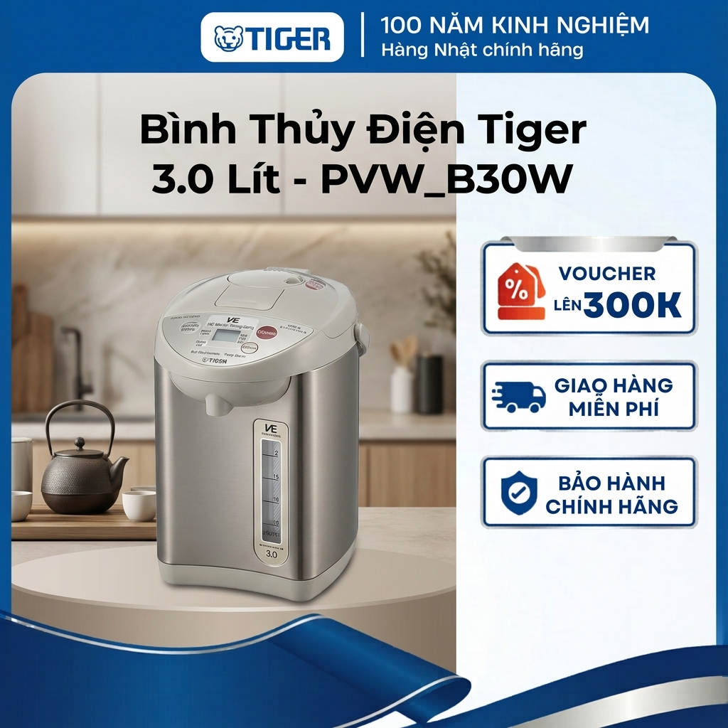Bình Thủy Điện Tiger 2.91 Lít - Tiết kiệm năng lượng - PVW-B30W - Hàng chính hãng
