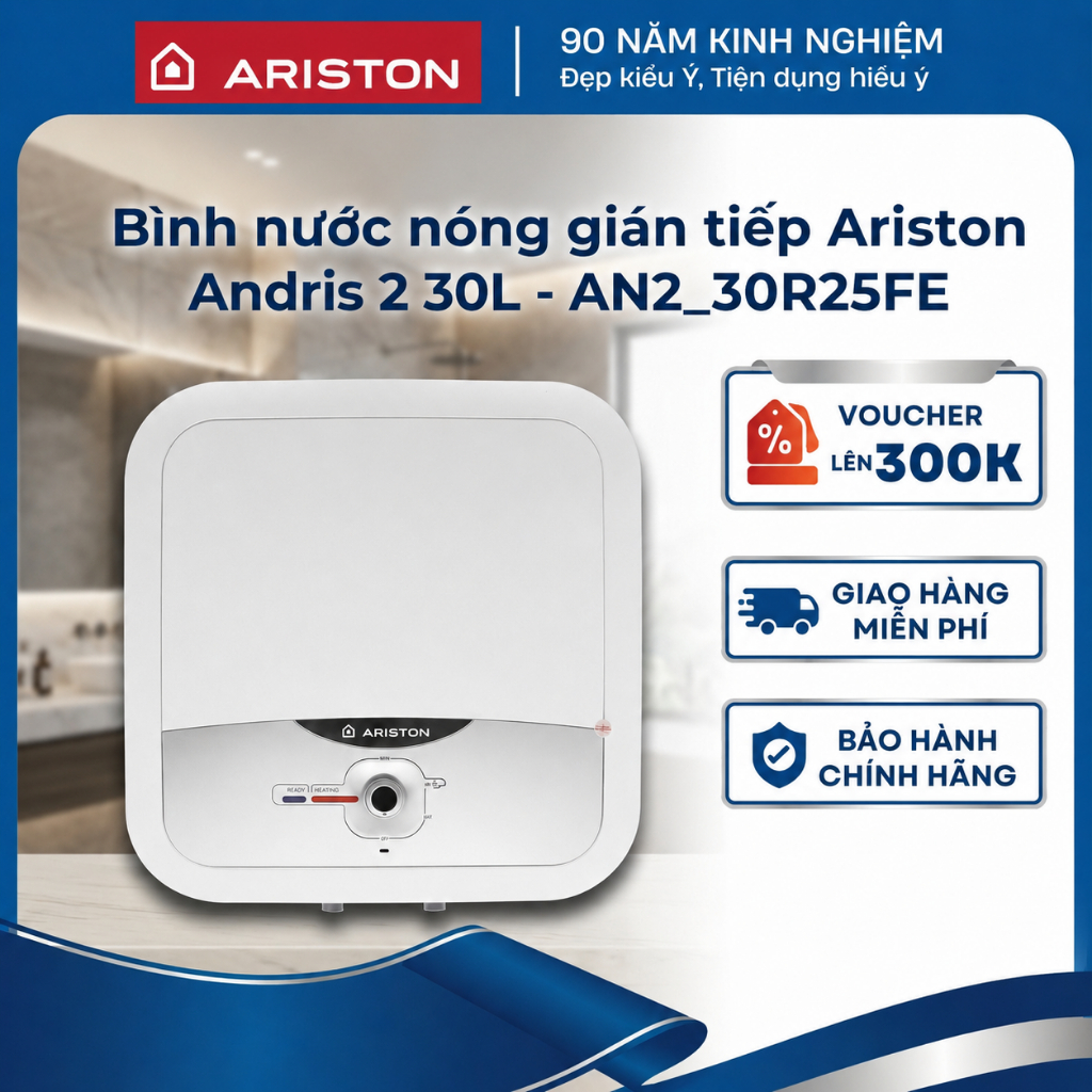 Bình nước nóng gián tiếp Ariston Andris 2 30 Lít - Bình vuông - AN2-30R2.5FE - Hàng chính hãng