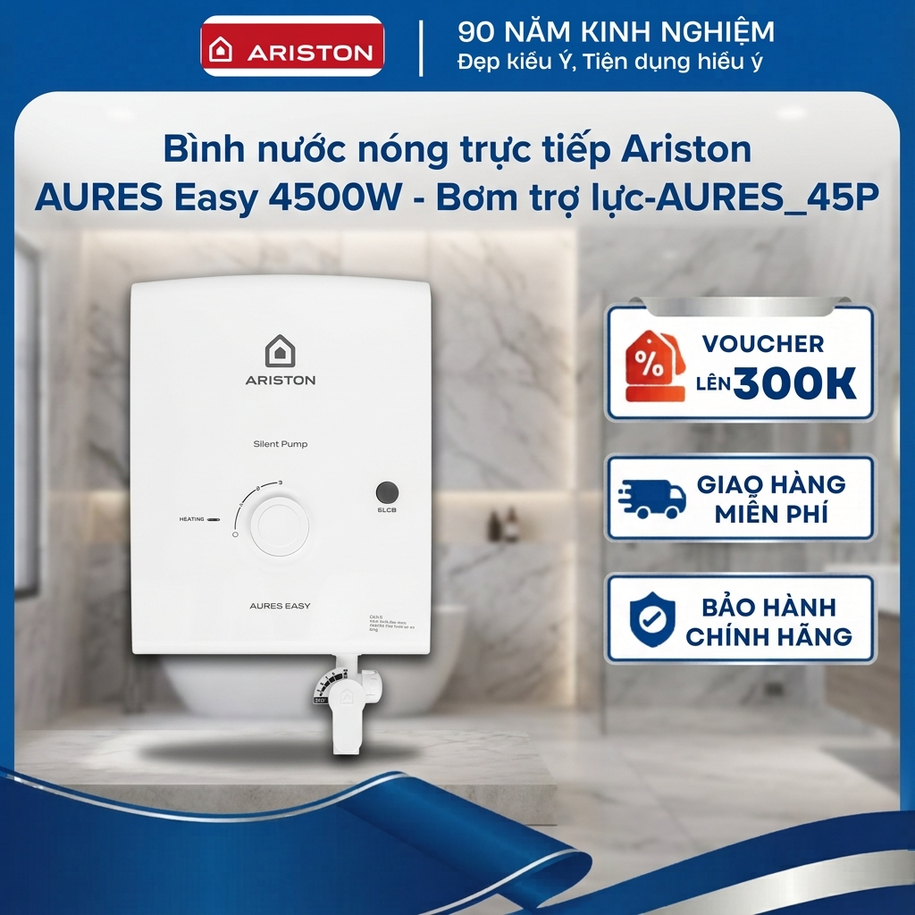 Bình nước nóng trực tiếp Ariston AURES Easy 4500W - Có bơm trợ lực - AURES-4.5P - Hàng chính hãng