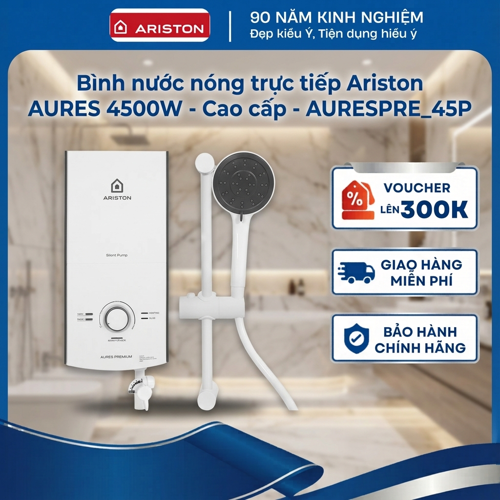 Bình nước nóng trực tiếp Ariston AURES 4500W - Bơm êm, Cao cấp - AURESPRE-4.5P - Hàng chính hãng