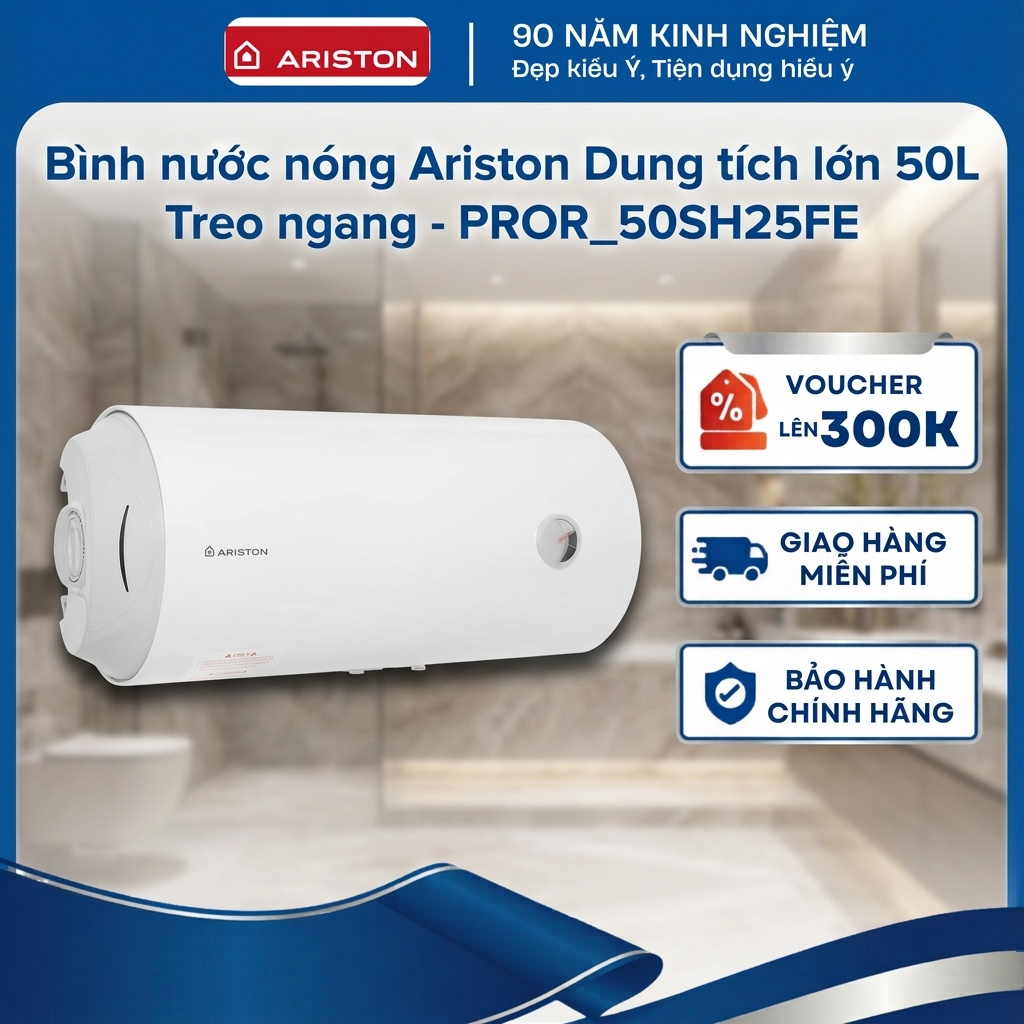 Bình nước nóng Ariston Dung tích lớn 50L - Treo ngang - PROR-50SH2.5FE - Hàng chính hãng
