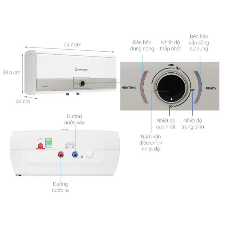 Bình nước nóng gián tiếp Ariston SLIM 3  20 Lít - Bình ngang, LED - SL3-20RS - Hàng chính hãng