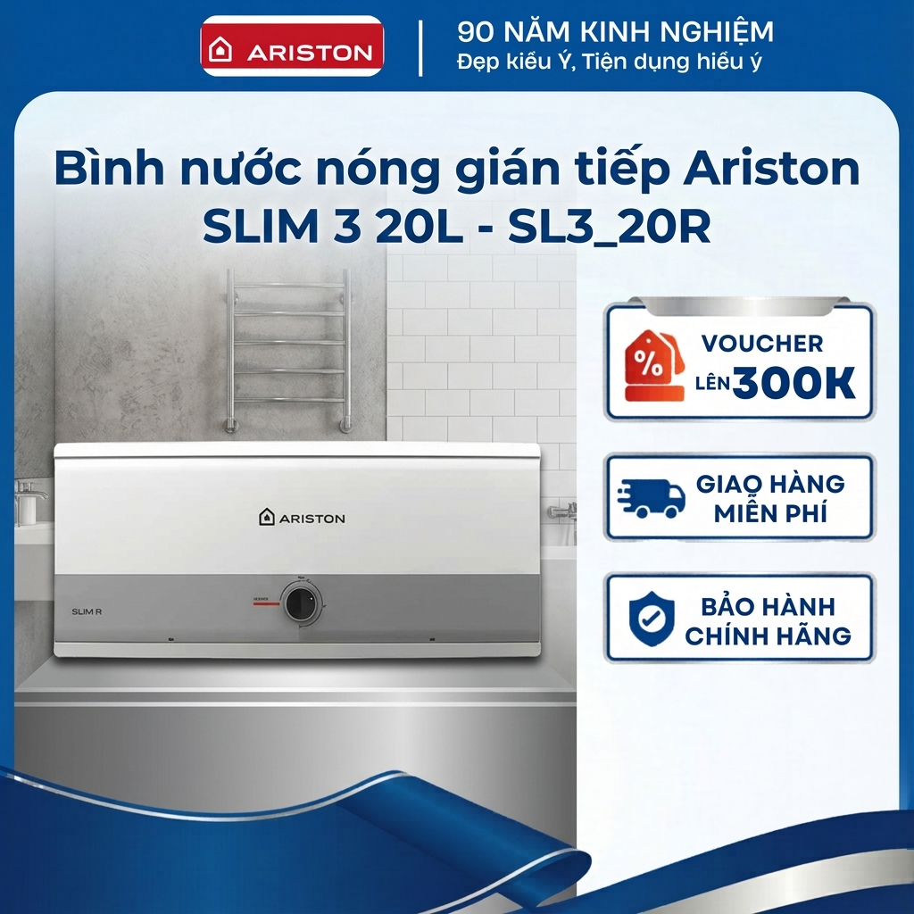 Bình nước nóng gián tiếp Ariston SLIM 3  20 Lít - Bình ngang LED - SL3-20R - Hàng chính hãng